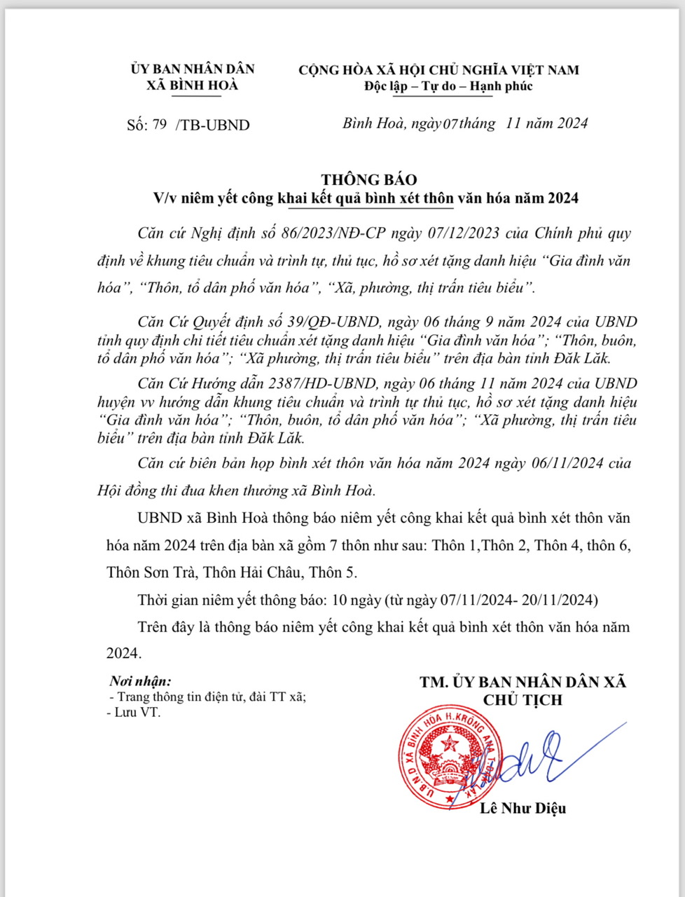 THÔNG BÁO V/v niêm yết công khai kết quả bình xét thôn văn hóa năm 2024